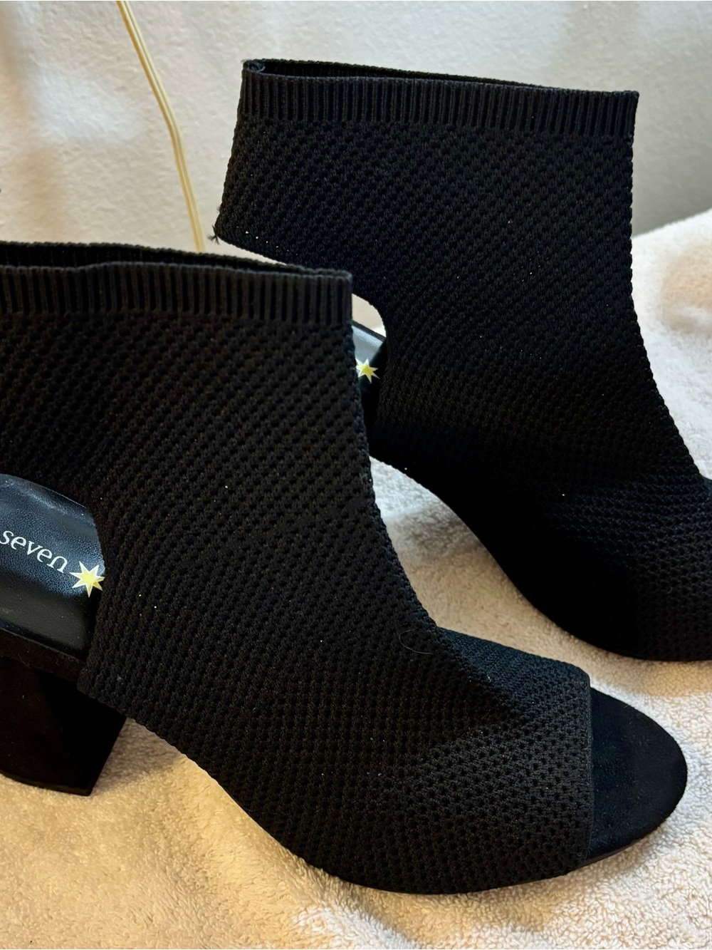 Seven7 Black Knit Peep Toe Block Heel Sock Boots